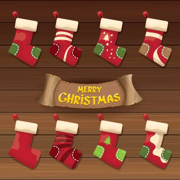 Vektor Cartoon niedlichen Weihnachtsstrumpf oder Socken mit farbigem Ornament. Frohe Weihnachten Vektor-Grußkarte — Stockvektor