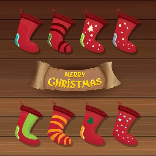 Vector de dibujos animados lindo calcetín de Navidad o calcetines con adorno de color. Feliz Navidad vector tarjeta de felicitación — Vector de stock