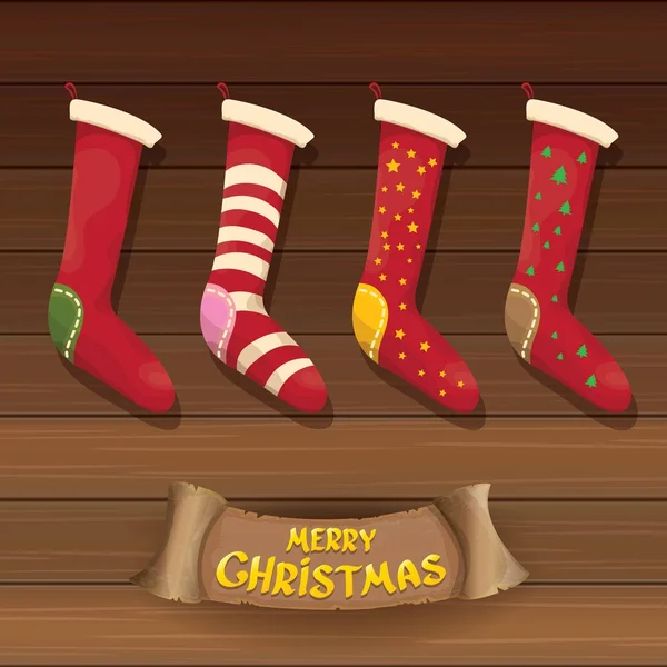 Vektor Cartoon niedlichen Weihnachtsstrumpf oder Socken mit farbigem Ornament. Frohe Weihnachten Vektor-Grußkarte — Stockvektor