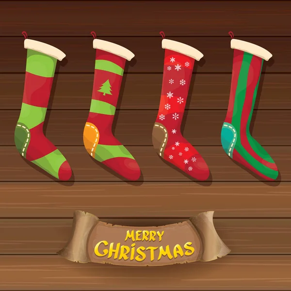 Vector cartoon cute christmas stocking or socks with color ornament. Merry Christmas vector greeting card — Stock Vector