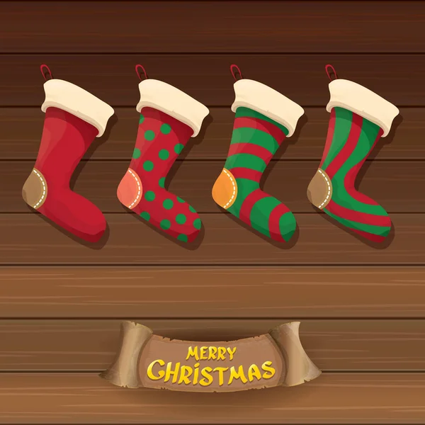 Vektor Cartoon niedlichen Weihnachtsstrumpf oder Socken mit farbigem Ornament. Frohe Weihnachten Vektor-Grußkarte — Stockvektor