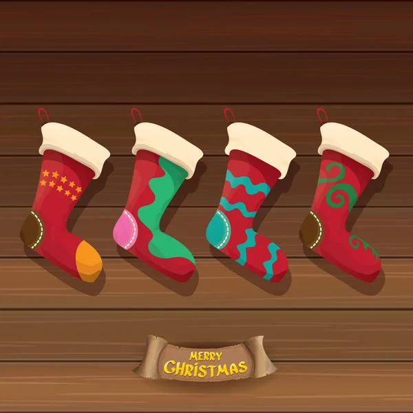 Vektor Cartoon niedlichen Weihnachtsstrumpf oder Socken mit farbigem Ornament. Frohe Weihnachten Vektor-Grußkarte — Stockvektor