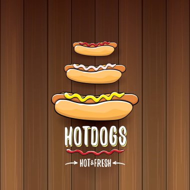 ahşap masa arka plan üzerinde izole karikatür sosis etiket vektör. Vintage sıcak köpek poster veya simge tasarım öğesi koleksiyonu.