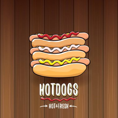 ahşap masa arka plan üzerinde izole karikatür sosis etiket vektör. Vintage sıcak köpek poster veya simge tasarım öğesi koleksiyonu.