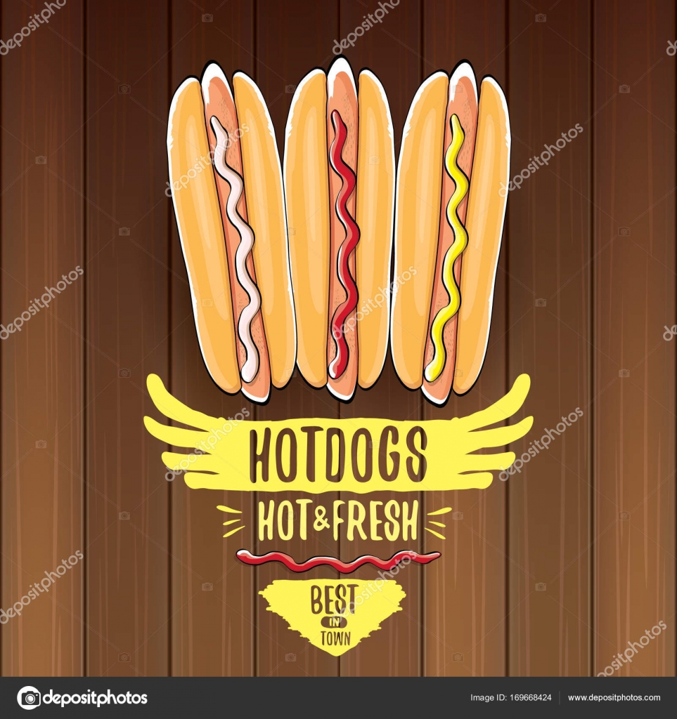 Vector Cartoon Hotdogs Label Isolated On Wooden Table Background