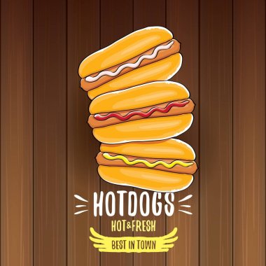 ahşap masa arka plan üzerinde izole karikatür sosis etiket vektör. Vintage sıcak köpek poster veya simge tasarım öğesi koleksiyonu.