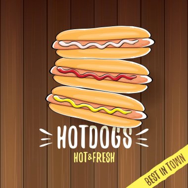 ahşap masa arka plan üzerinde izole karikatür sosis etiket vektör. Vintage sıcak köpek poster veya simge tasarım öğesi koleksiyonu.