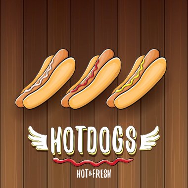 ahşap masa arka plan üzerinde izole karikatür sosis etiket vektör. Vintage sıcak köpek poster veya simge tasarım öğesi koleksiyonu.