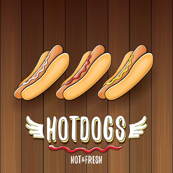 Vektor kreslené hotdogs popisek izolované na dřevěný stůl pozadí. Vintage hot dog plakátu nebo ikonu design prvek kolekce. — Stockový vektor