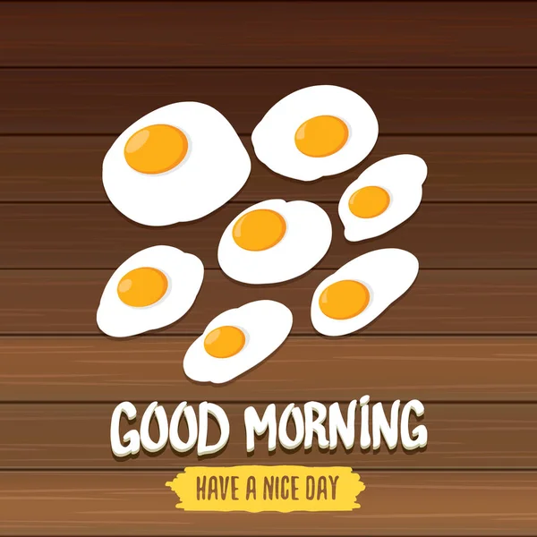 God morgon koncept. frukost friterad kyckling ägg med en orange äggula i mitten av den stekt ägg platt handpåläggning träbord bakgrund. ovanifrån — Stock vektor