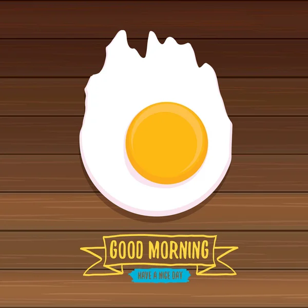 Buen concepto del día. desayuno huevo de pollo frito con una yema de naranja en el centro de la puesta plana huevo frito sobre fondo de mesa de madera. vista superior — Vector de stock