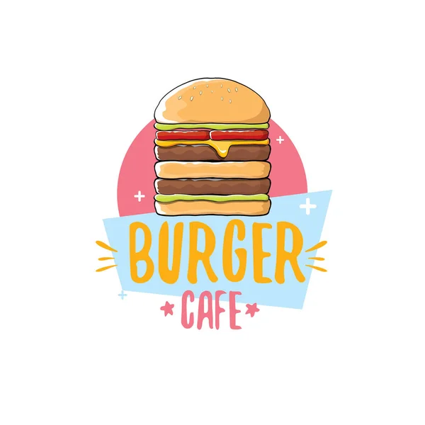 Modello di disegno del logo del caffè del fumetto del fumetto vettoriale con hamburger. etichetta elemento di design o burger house logo — Vettoriale Stock