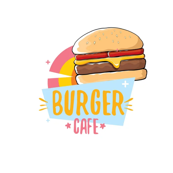 Vektor-Cartoon-Burger-Café-Logo-Design-Vorlage mit Hamburger. Etikett Designelement oder Burger House Logo — Stockvektor