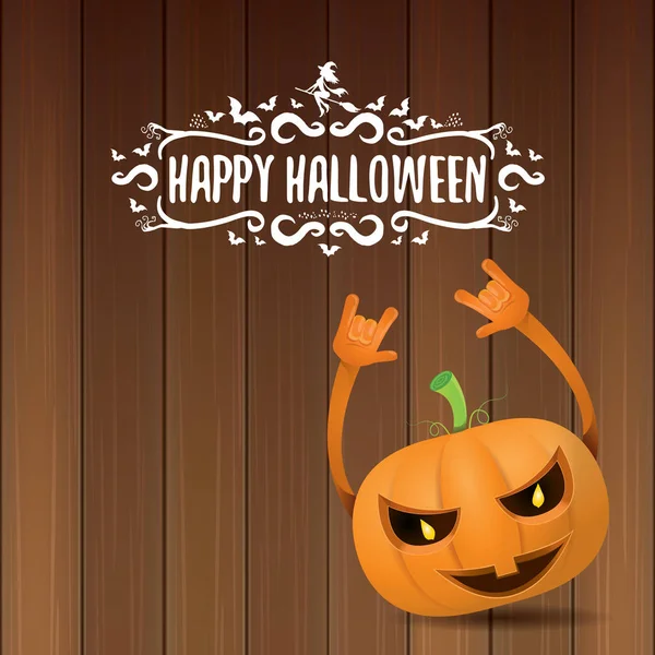 Vector halloween funky rock n roll stil pumpa karaktär och kalligrafiska halloween handritad text på trä bakgrund. Happy halloween rock party konceptet affisch — Stock vektor