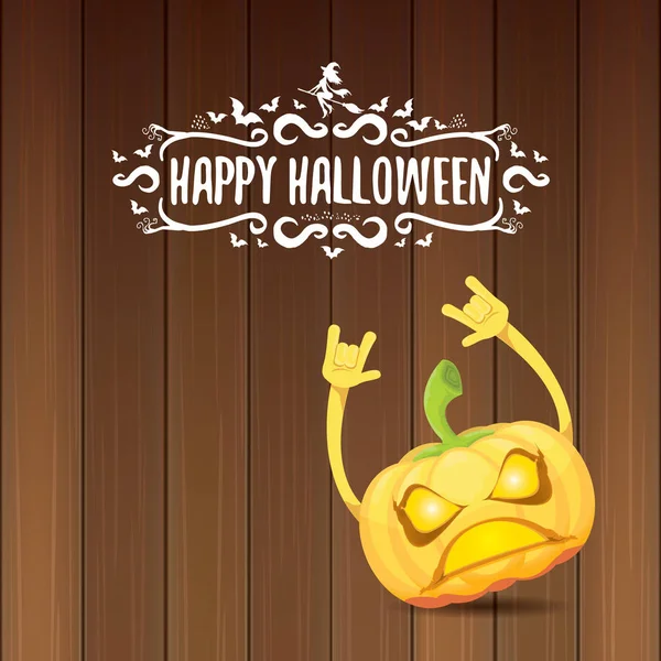 Vector halloween funky rock n roll style pumpkin character and calligraphic halloween hand drawn text on wooden background. Happy halloween rock party concept poster — Stock Vector