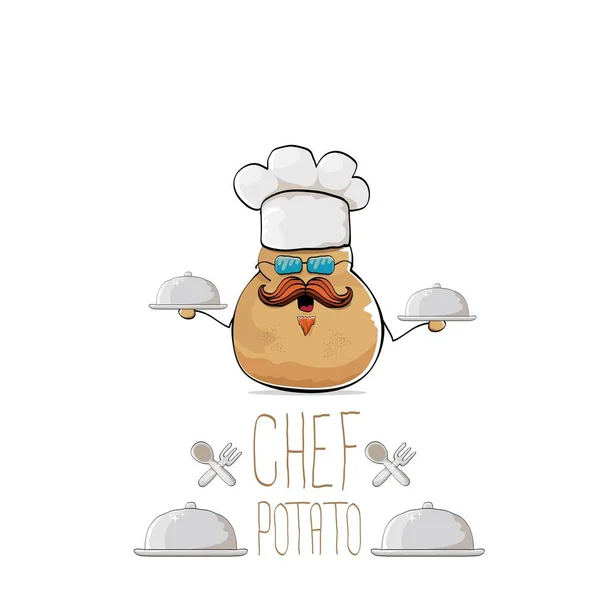 Vector funny cartoon cute brown chef potato with mustache and beard — Stock Vector