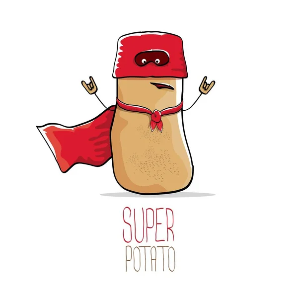 Tokoh kartun lucu vektor kentang pahlawan coklat lucu dengan jubah pahlawan merah - Stok Vektor