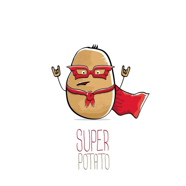 Vecteur drôle dessin animé mignon brun super héros pomme de terre avec cape héros rouge — Image vectorielle
