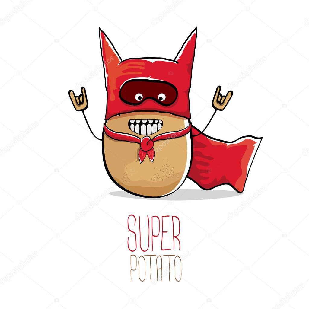 Vector funny cartoon cute brown super hero potato with red hero cape and hero mask isolated on white background. My name is potato vector concept. super vegetable funky character