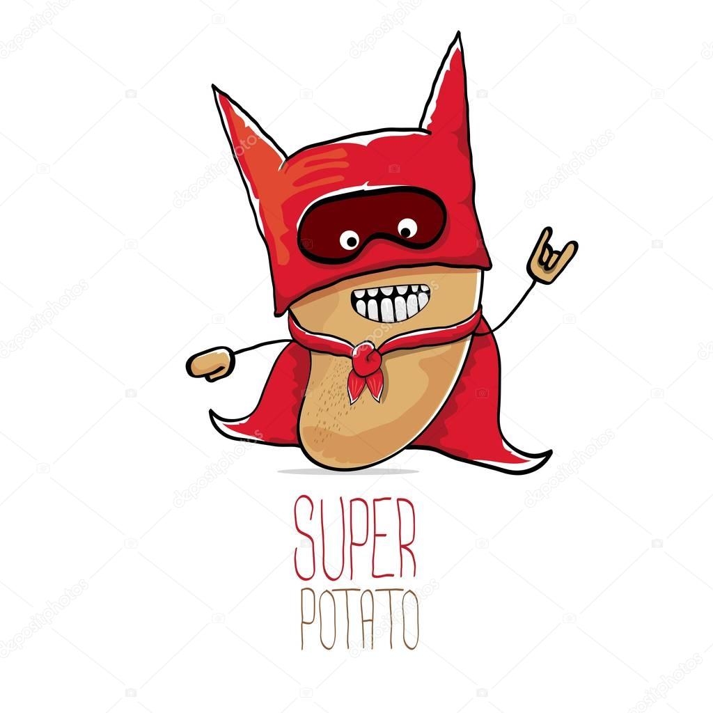 Vector funny cartoon cute brown super hero potato with red hero cape and hero mask isolated on white background. My name is potato vector concept. super vegetable funky character