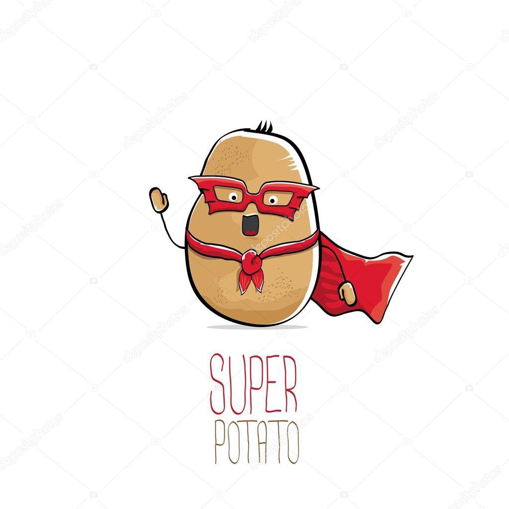 Vector funny cartoon cute brown super hero potato with red hero cape and hero mask isolated on white background. My name is potato vector concept. super vegetable funky character