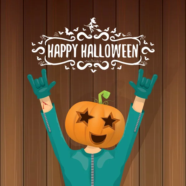 Happy halloween kreatywnych hipster partii tle wektor. człowiek w halloween kostium z rzeźbione dyni głowy — Wektor stockowy