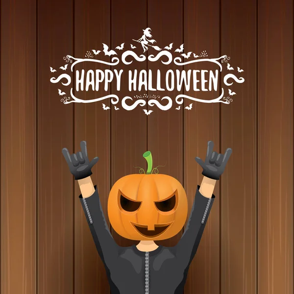 Happy halloween kreatywnych hipster partii tle wektor. człowiek w halloween kostium z rzeźbione dyni głowy — Wektor stockowy