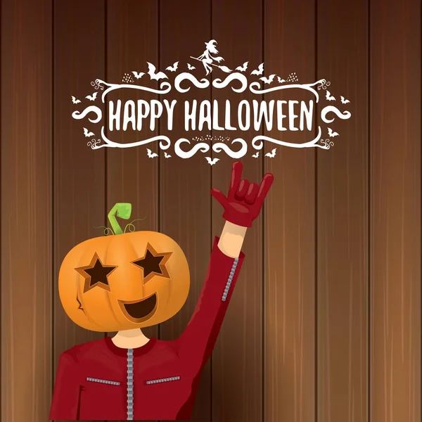 Vektor glücklich halloween kreative Hipster-Party Hintergrund. Mann im Halloween-Kostüm mit geschnitztem Kürbiskopf — Stockvektor