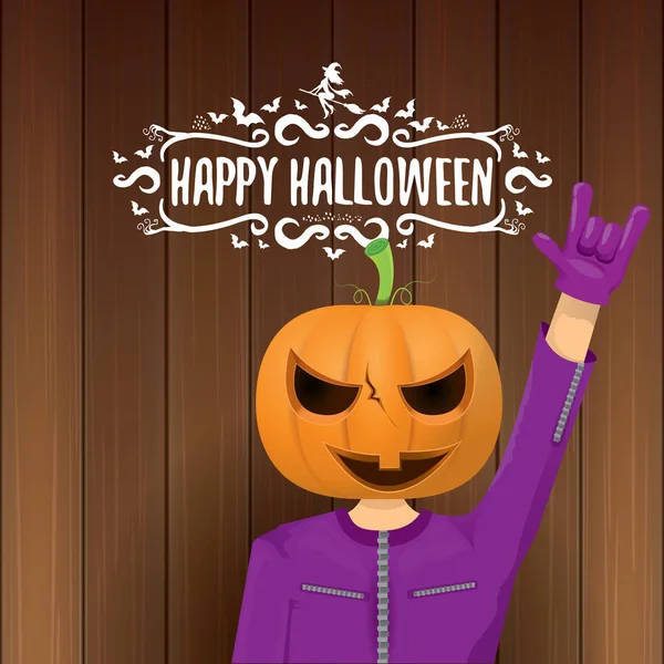 Vector Happy halloween creative hipster party background. man in halloween costume with carved pumpkin head — Stock Vector