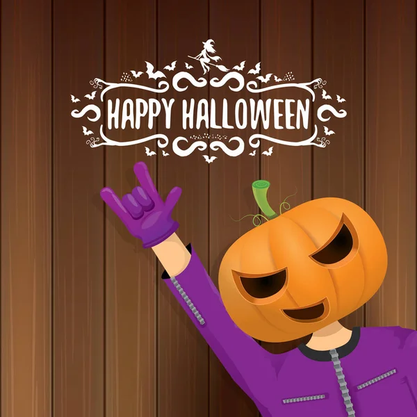 Cadılar Bayramın kutlu olsun yaratıcı hipster parti arka plan vektör. adam içinde oyulmuş Kabak kafa ile halloween kılık — Stok Vektör