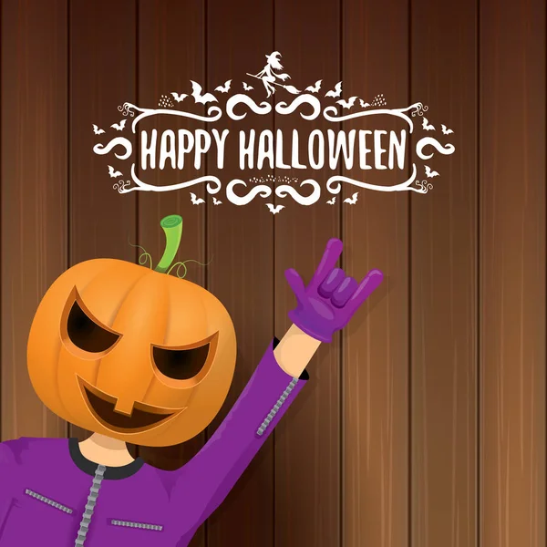 Vector Feliz Halloween creativo hipster fondo de la fiesta. hombre en traje de halloween con cabeza de calabaza tallada — Vector de stock