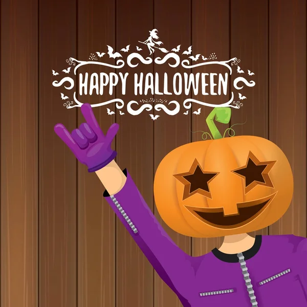 Vecteur Joyeux Halloween créatif fond de fête hipster. homme en costume d'Halloween avec tête de citrouille sculptée — Image vectorielle