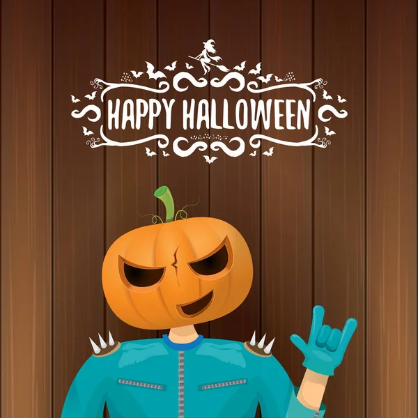 Happy halloween kreatywnych hipster partii tle wektor. człowiek w halloween kostium z rzeźbione dyni głowy — Wektor stockowy