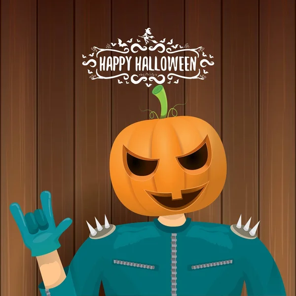 Happy halloween kreatywnych hipster partii tle wektor. człowiek w halloween kostium z rzeźbione dyni głowy — Wektor stockowy