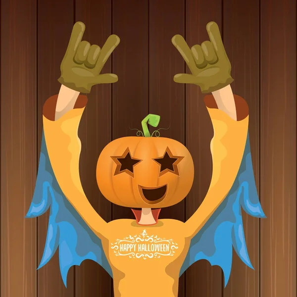 Vector Feliz Halloween creativo hipster fondo de la fiesta. hombre en traje de halloween con cabeza de calabaza tallada — Vector de stock