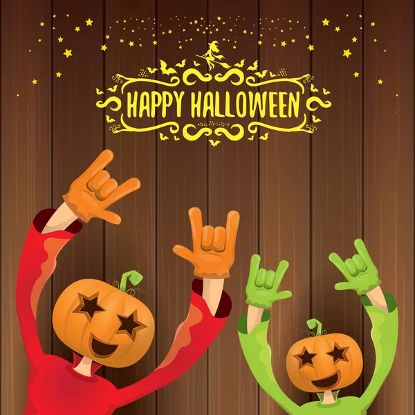 Vektor glücklich halloween kreative Hipster-Party Hintergrund. Mann im Halloween-Kostüm mit geschnitztem Kürbiskopf — Stockvektor