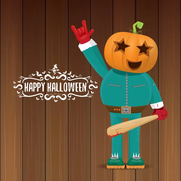 Vecteur Joyeux Halloween créatif fond de fête hipster. homme en costume d'Halloween avec tête de citrouille sculptée — Image vectorielle