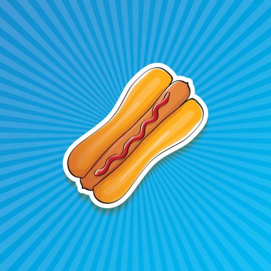 vektör çizgi film Amerikan hotdog etiket üzerinde mavi arka plan. Vintage sıcak köpek poster veya simge tasarım öğesi koleksiyonu.