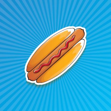 vektör çizgi film Amerikan hotdog etiket üzerinde mavi arka plan. Vintage sıcak köpek poster veya simge tasarım öğesi koleksiyonu.
