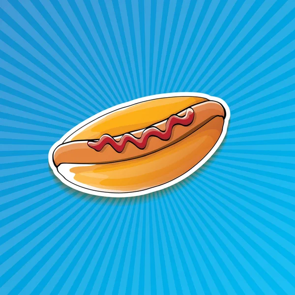 Vector de dibujos animados americano hotdog pegatina sobre fondo azul. Cartel de perro caliente vintage o colección de elementos de diseño icono . — Vector de stock