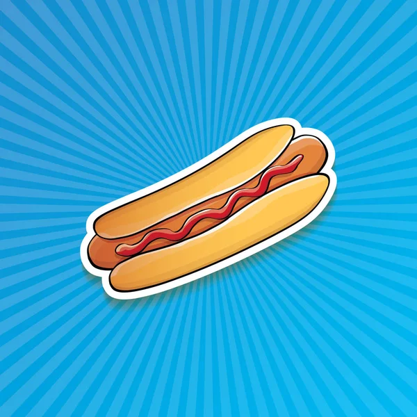 Vector de dibujos animados americano hotdog pegatina sobre fondo azul. Cartel de perro caliente vintage o colección de elementos de diseño icono . — Vector de stock