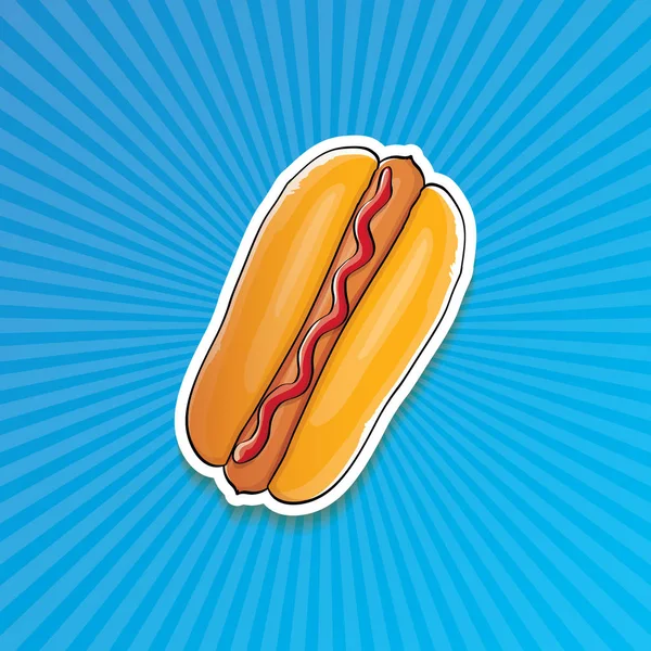 Vector de dibujos animados americano hotdog pegatina sobre fondo azul. Cartel de perro caliente vintage o colección de elementos de diseño icono . — Vector de stock