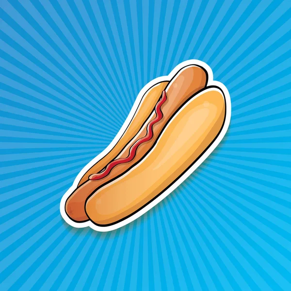 Vector de dibujos animados americano hotdog pegatina sobre fondo azul. Cartel de perro caliente vintage o colección de elementos de diseño icono . — Vector de stock