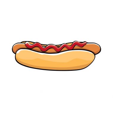 vektör karikatür hotdog simgesi beyaz arka plan üzerinde izole sosisli. Vintage sıcak köpek etiket tasarım öğesi.