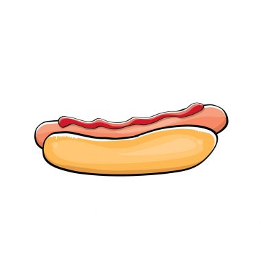 vektör karikatür hotdog simgesi beyaz arka plan üzerinde izole sosisli. Vintage sıcak köpek etiket tasarım öğesi.