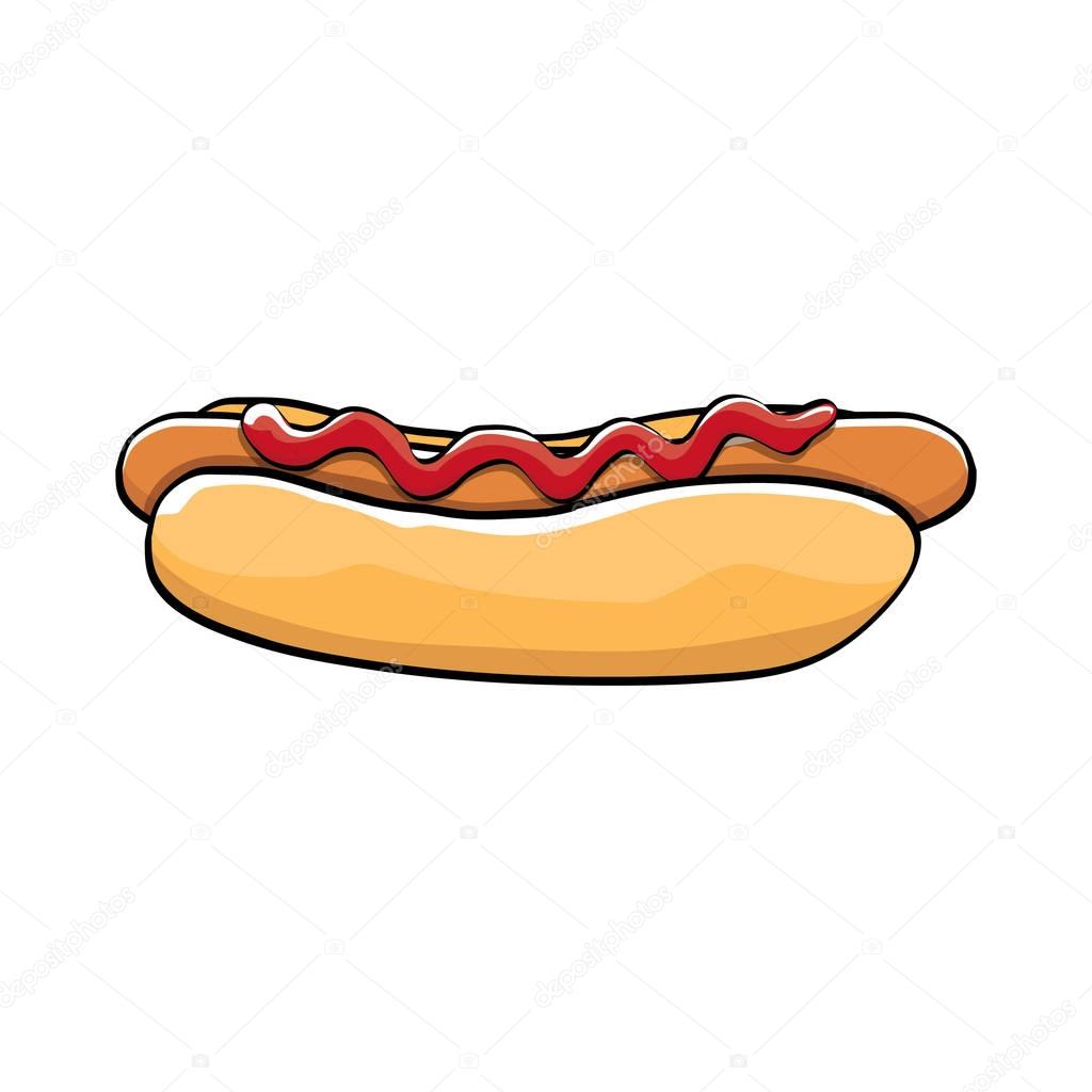 vector cartoon hotdog icon with sausage isolated on white background. Vintage hot dog label design element.