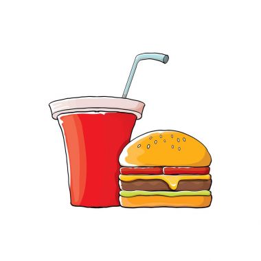 vektör karikatür lezzetli burger ve kola kağıt bardak portakal arka plan üzerinde izole saman ile.