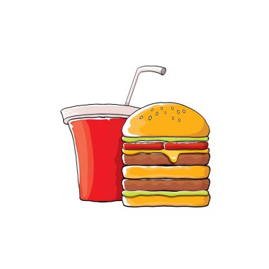 vektör karikatür lezzetli burger ve kola kağıt bardak portakal arka plan üzerinde izole saman ile.