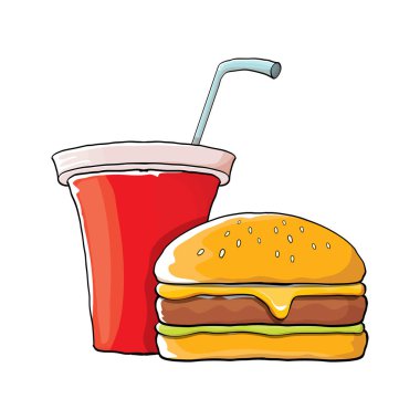 vektör karikatür lezzetli burger ve kola kağıt bardak portakal arka plan üzerinde izole saman ile.