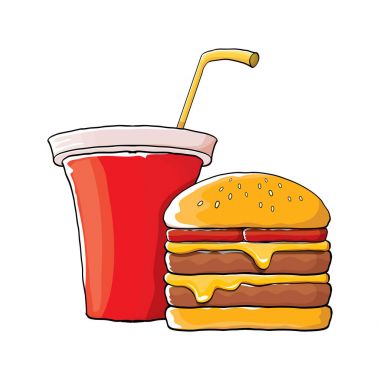 vektör karikatür lezzetli burger ve kola kağıt bardak portakal arka plan üzerinde izole saman ile.